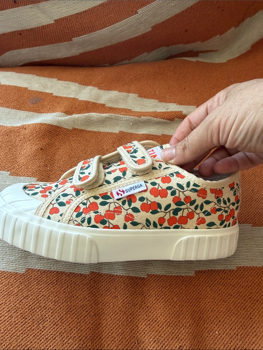 Tinycottons and Superga cream/cherry canvas Velcro sneakers - Picture 6 of 12